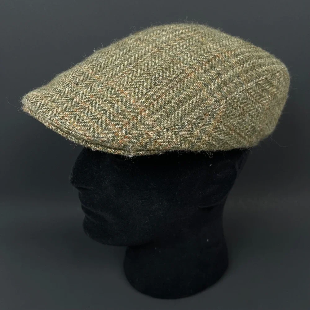 Vintage Hanna Hats Donegal Tweed Flat Cap Men M Green Herringbone Wool Ireland